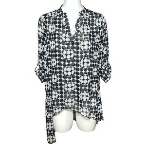 JOSEPH RIBKOFF Black White Polka Dot Print Asymmetric Artsy Tunic Top Size 4